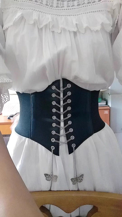 Black Butterfly Chain Faux Leather Elastic Waist Belt