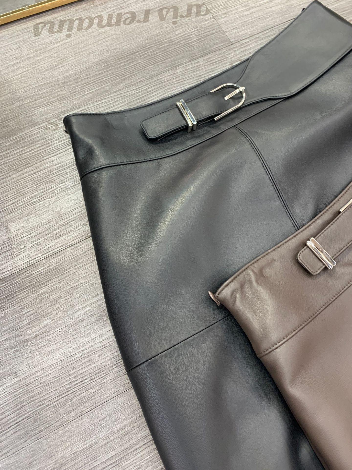 Women sheepskin leather midi skirt with belt