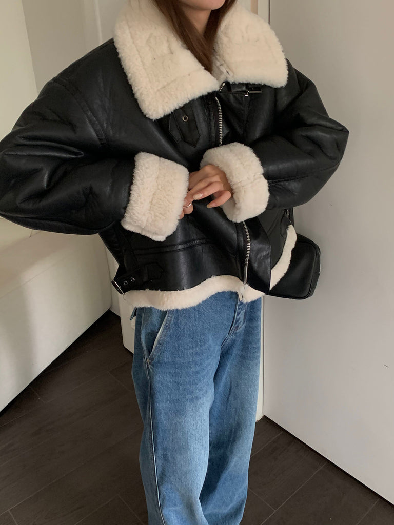 Brown shearling trim leather bomber jacket women 1