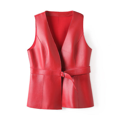 Women leather Vest with Belt Slim Waist Biker Style