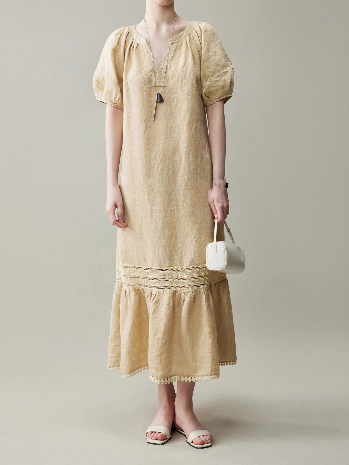 White linen loose lace midi sundress 2 XS