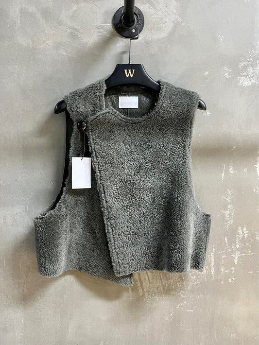 Women’s Merino Fur Vest Shearling Sleeveless Jacket Gray Winter Outerwear