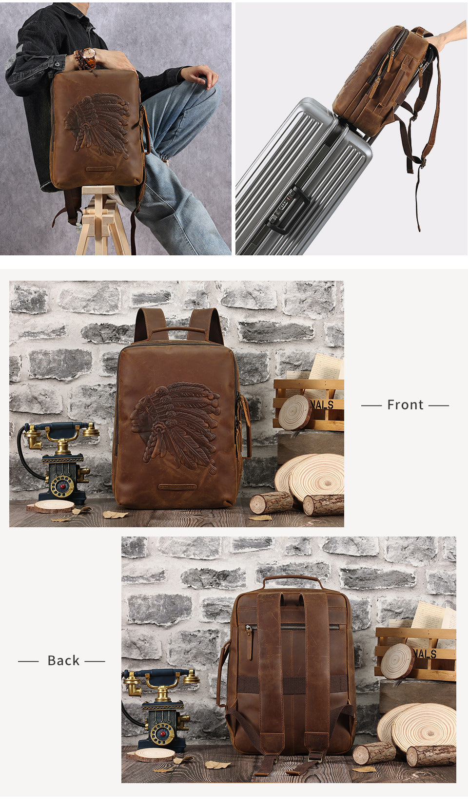 Genuine Leather Men’s Retro Crazy Horse Travel Backpack Laptop Bag