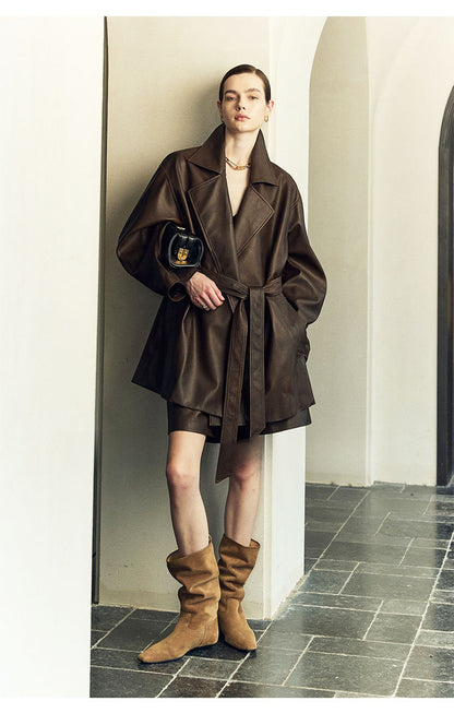 Women’s Oversized Leather Bomber Jacket Moto Trench Coat