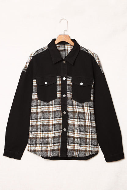 Black Plaid Patchwork Oversized Denim Shirt Jacket for Women
