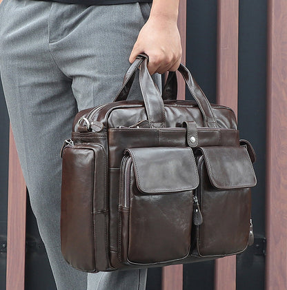 Genuine Leather Office Briefcase Laptop Bag with Trolley Sleeve for Men