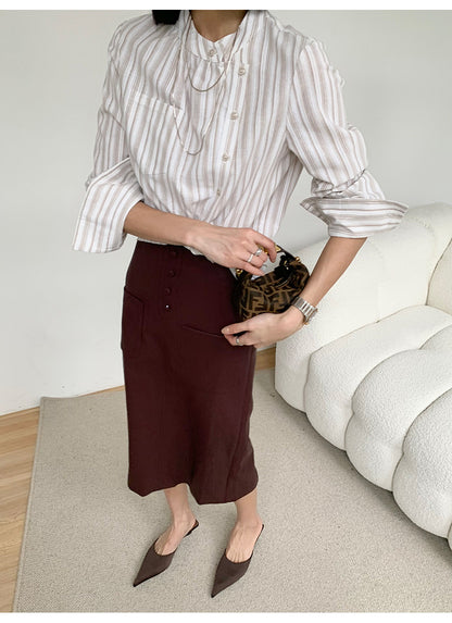 High Waisted PU Leather Pencil Skirt with Front Buttons