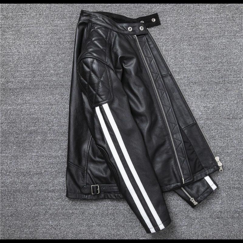 Men’s Genuine Leather Biker Jacket with Racing Stripes