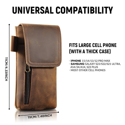 Men’s Leather Waist Bag with Magnetic Phone Pouch and Zipper Pocket