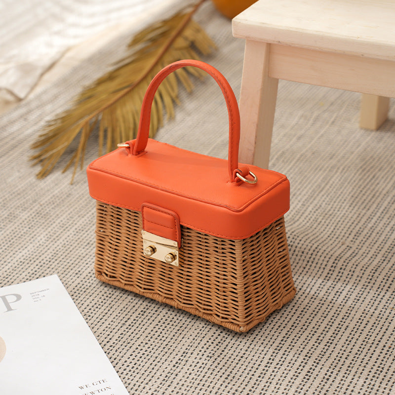 Woven Summer Handbag with Leather Handle & Lock