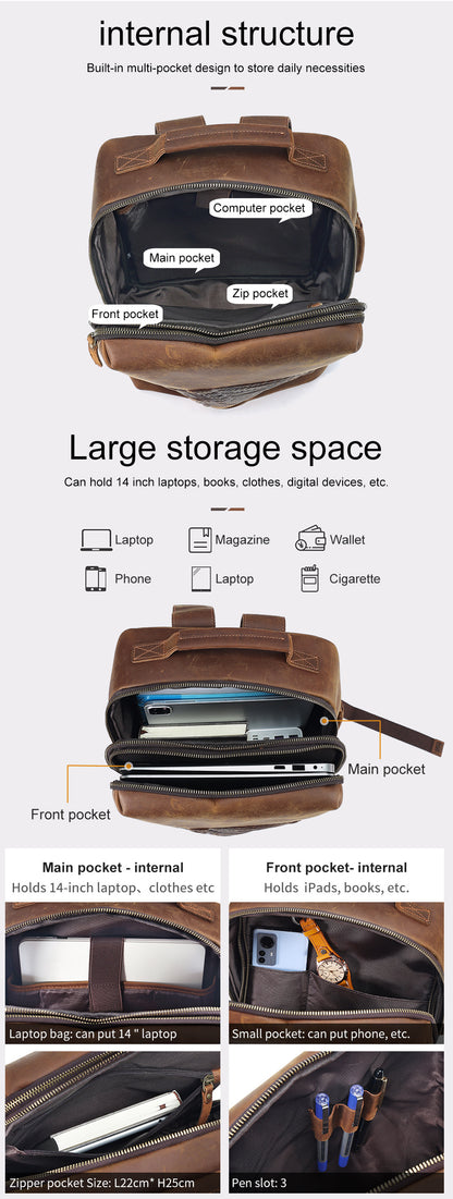 Genuine Leather Men’s Retro Crazy Horse Travel Backpack Laptop Bag