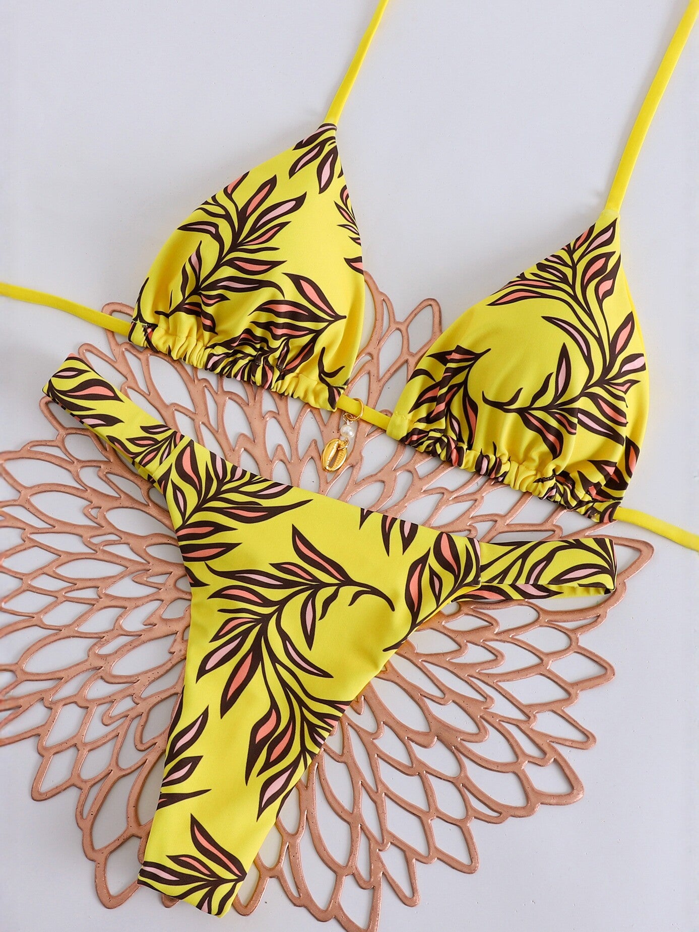 Yellow Tropical Print Two Piece Bikini Set
