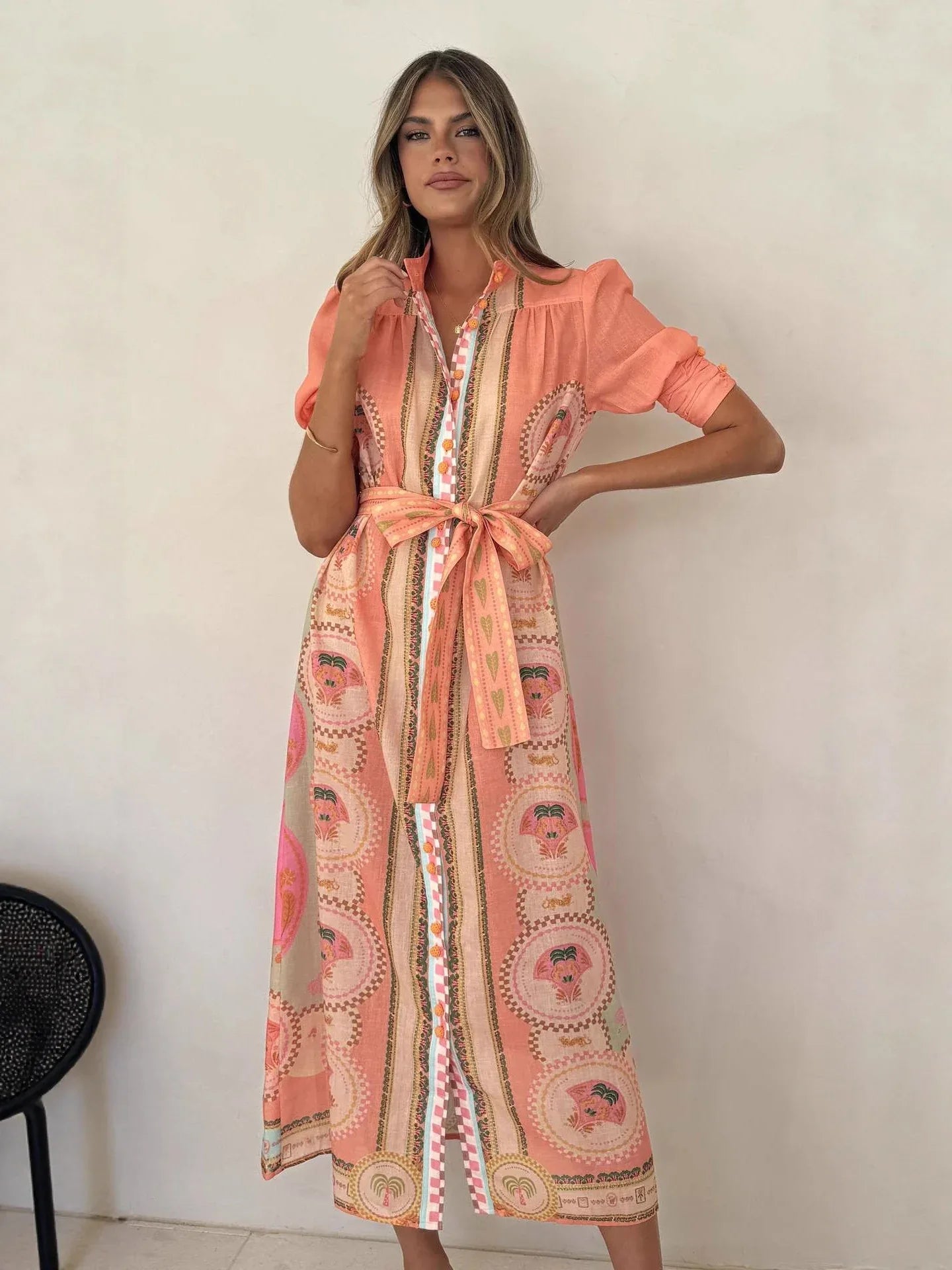 Peach print linen waist tie women maxi dress