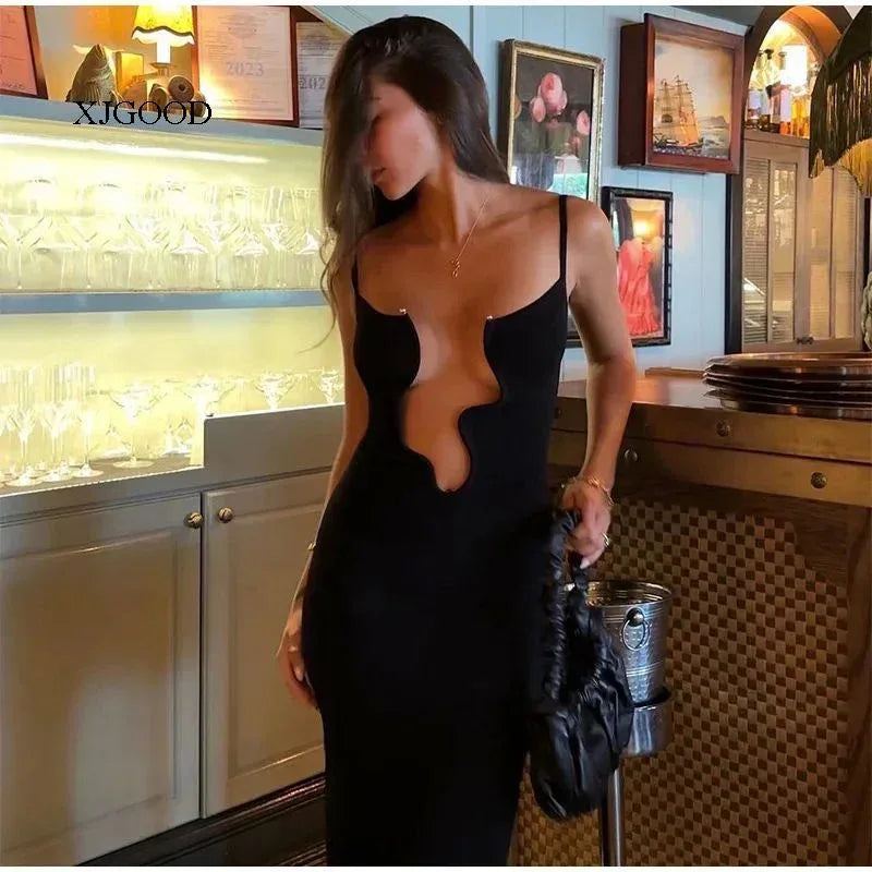 Solid black cutout suspender maxi dress