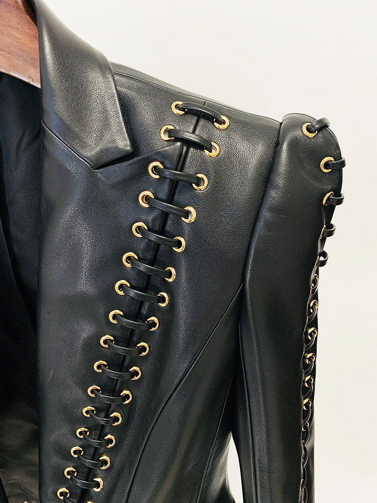Women slim fit lace up faux leather jacket