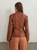 Brown Faux Leather Bomber Jacket for Women with Drawstring Waist
