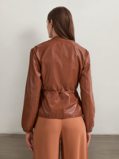 Brown Faux Leather Bomber Jacket for Women with Drawstring Waist