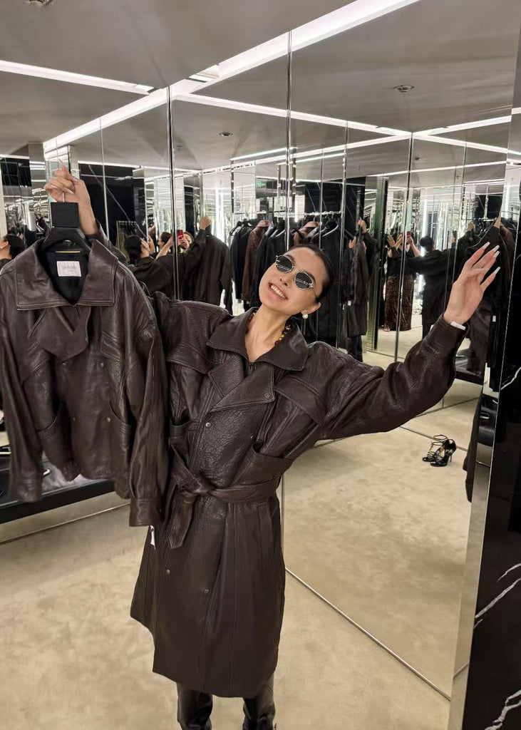 Women Brown Genuine Leather Trench Coat Retro Motorcycle