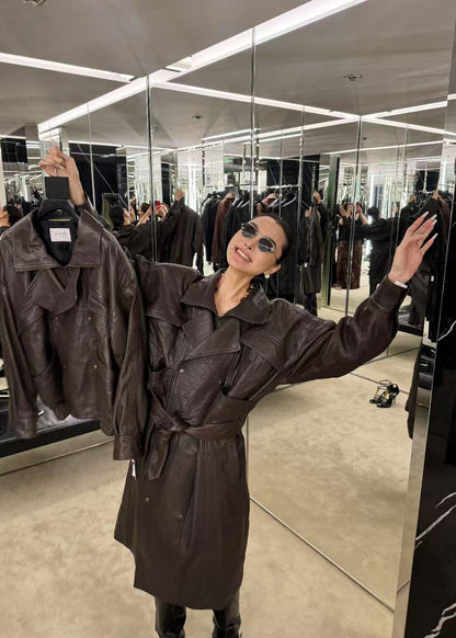 Women Brown Genuine Leather Trench Coat Retro Motorcycle