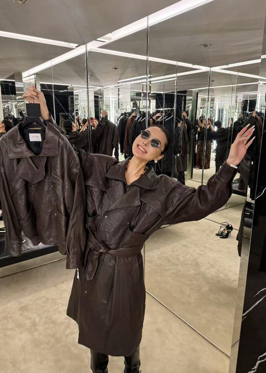 Women Brown Genuine Leather Trench Coat Retro Motorcycle