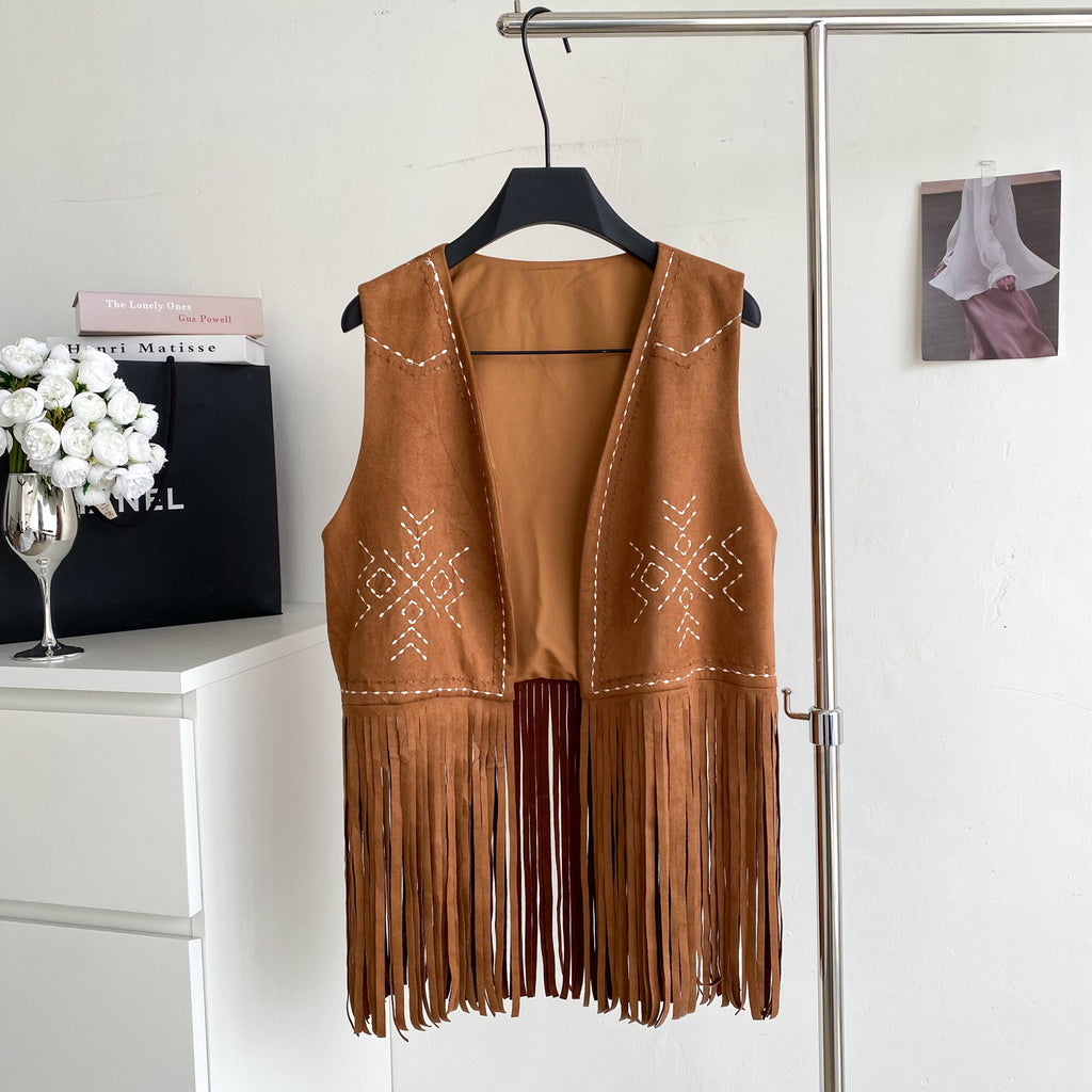 Women’s Bohemian Embroidered Fringe Suede Vest