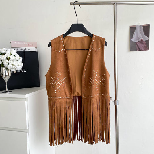 Women’s Bohemian Embroidered Fringe Suede Vest