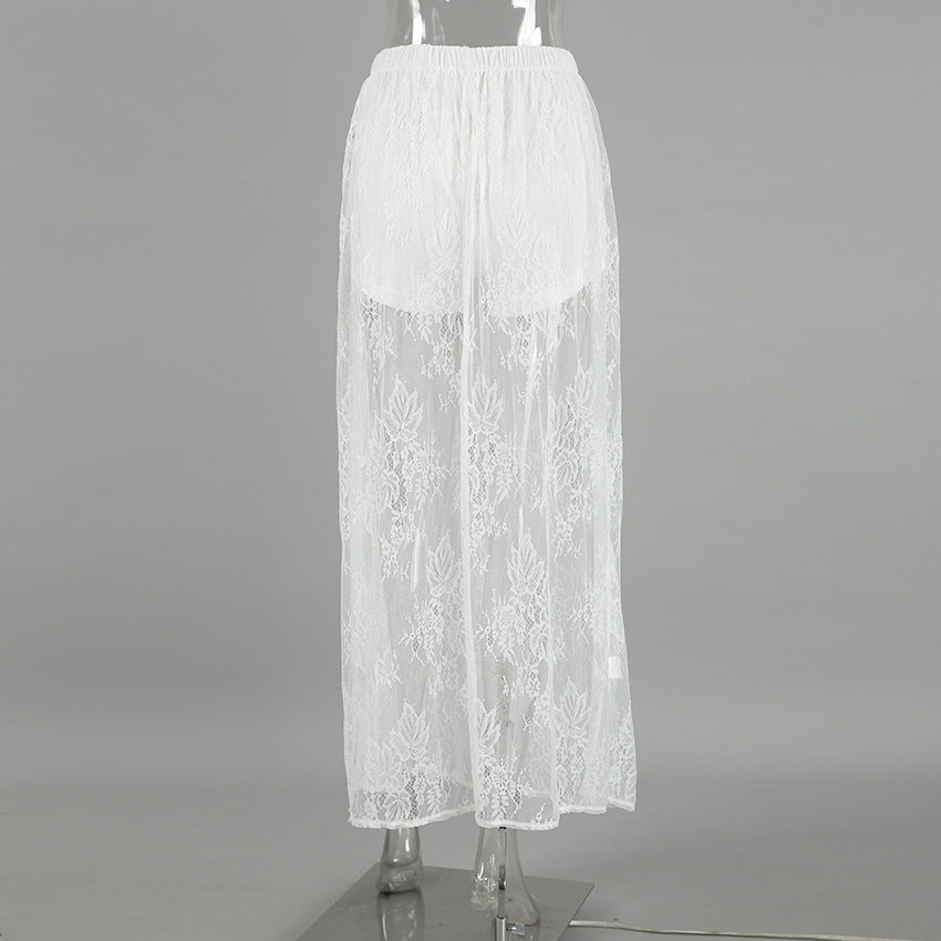 Women’s White Lace Jacquard Midi Skirt  See-Through