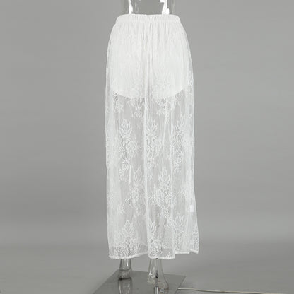 Women’s White Lace Jacquard Midi Skirt  See-Through