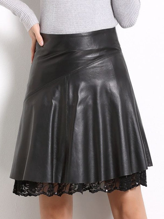 Women’s black leather mini skirt with lace hem. High waist sheepskin A-line design for modern outfits and confident styling.