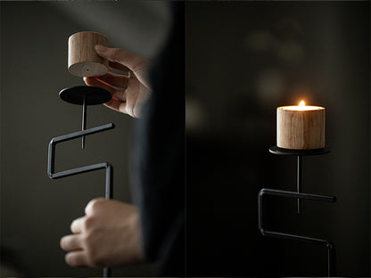 Black Wrought Iron Candle Stand with Wooden Cup – 45 cm