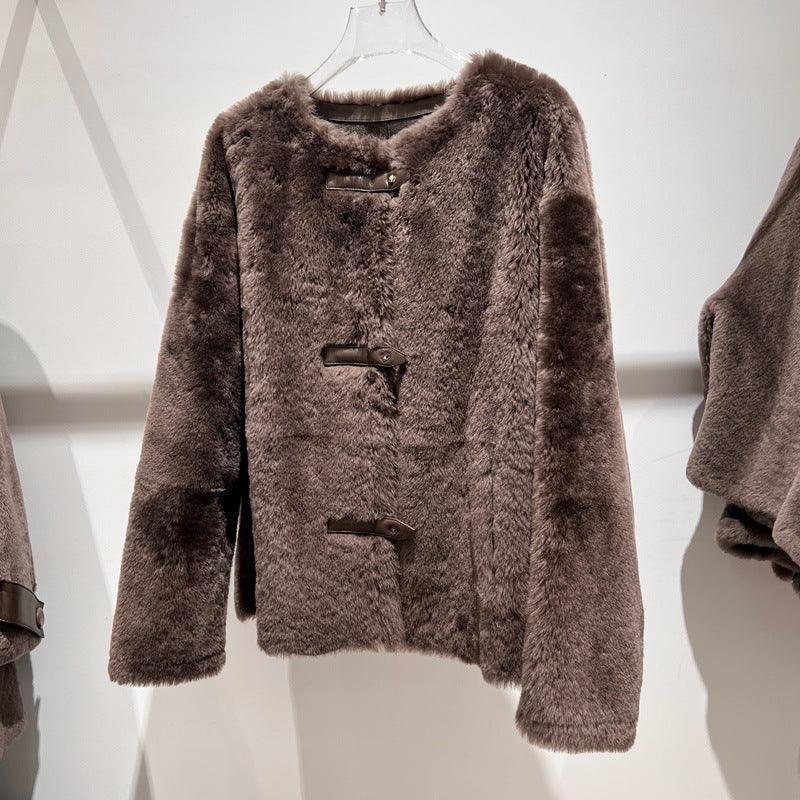 Women Leather Real Fur Coat Short Shearling Round Neck Jacket 1 M