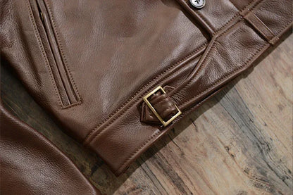 Men Brown Military Cowhide Leather Jacket