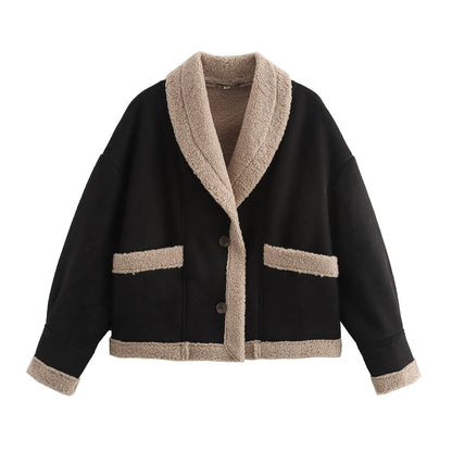 Retro camel shearling lapel winter coat women 2 S