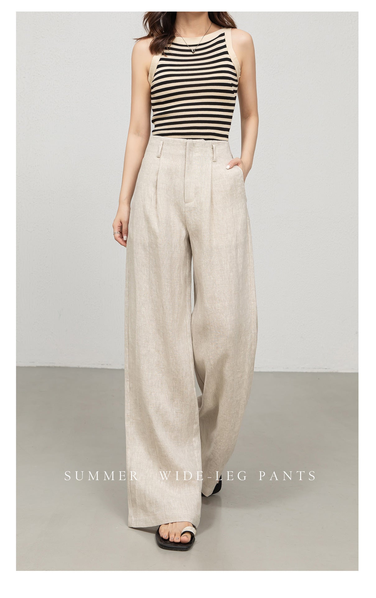 High waist women linen pants with wide leg