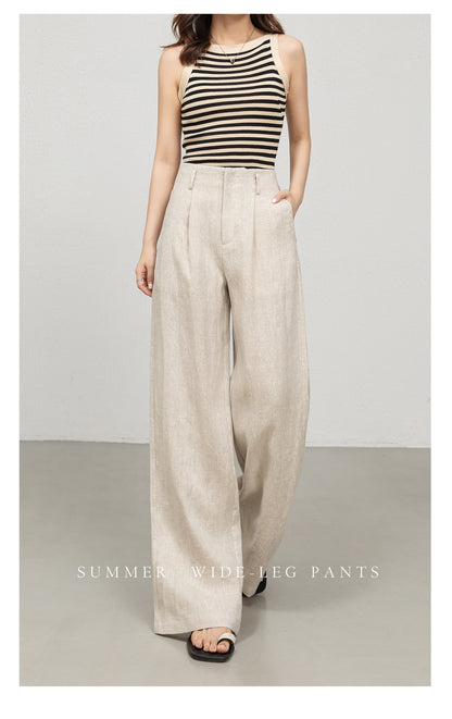 High waist women linen pants with wide leg