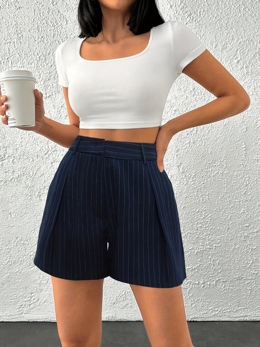 Navy Pinstripe High Waist Double Pocket Women’s Shorts