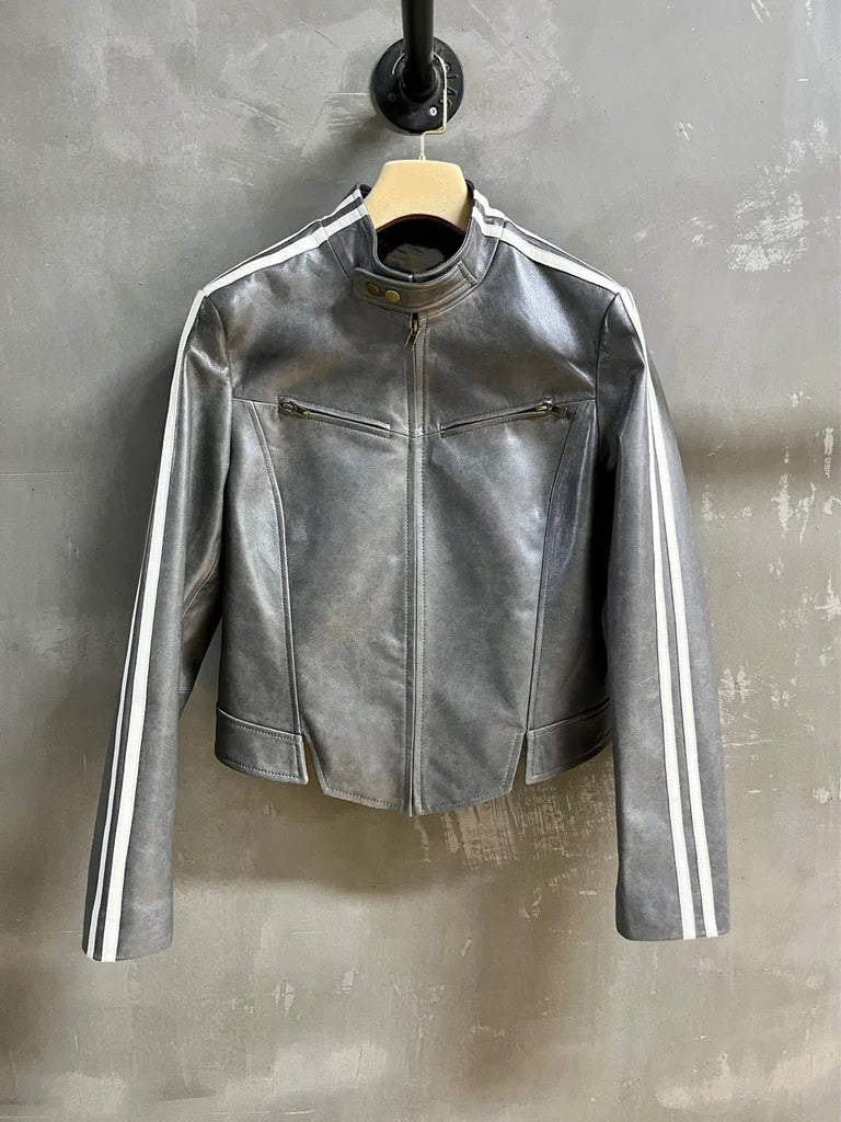 Retro striped women motorcycle jacket