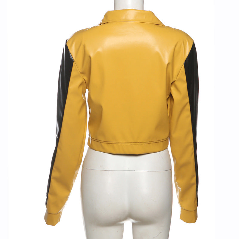 Yellow and Black Faux Leather Biker Jacket Women