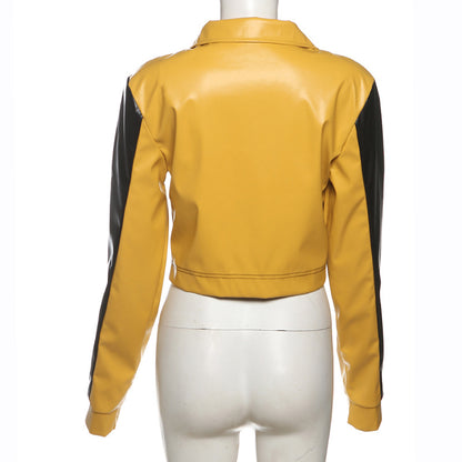 Yellow and Black Faux Leather Biker Jacket Women