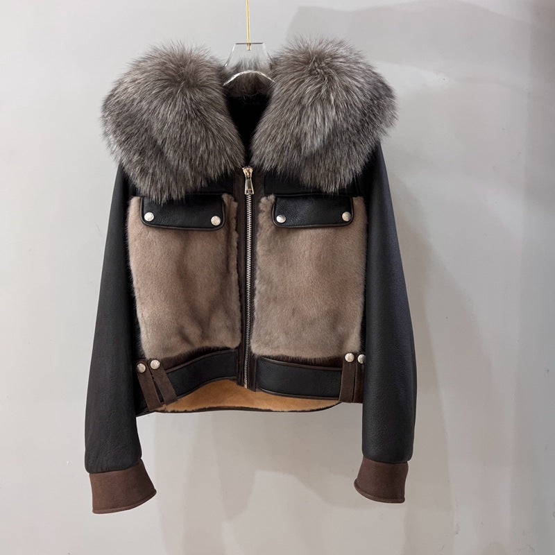 Women Real Fur Bomber Jacket Genuine Sheepskin with Fox Fur Collar