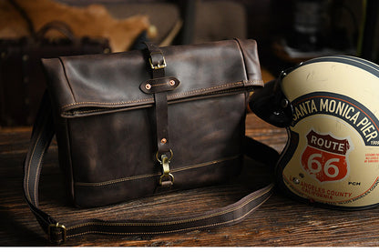 Men’s Crazy Horse Cowhide Leather Motorcycle Messenger Bag