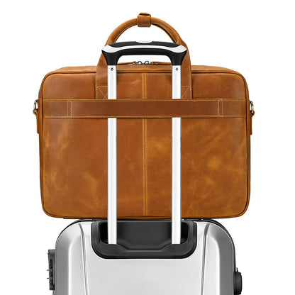 Men's Genuine Leather Travel Office Bag with Trolley Strap