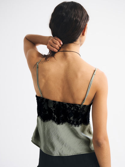 Women’s Lace Satin Spaghetti Strap Tie Front Camisole Top
