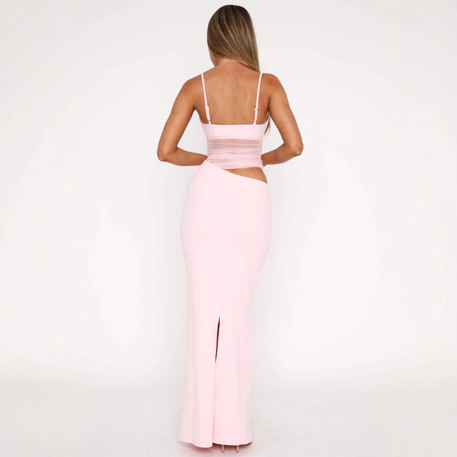 Blush pink mesh cutout bodycon maxi dress women