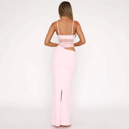 Blush pink mesh cutout bodycon maxi dress women