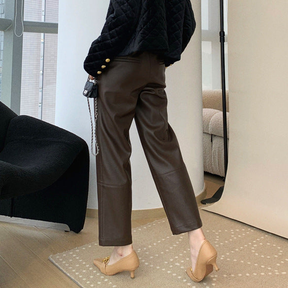 Women’s Genuine Leather Pants High Waist Wide-Leg Trousers