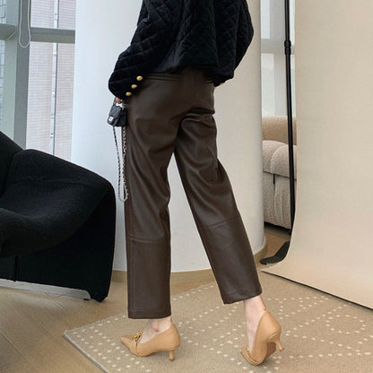 Women’s Genuine Leather Pants High Waist Wide-Leg Trousers