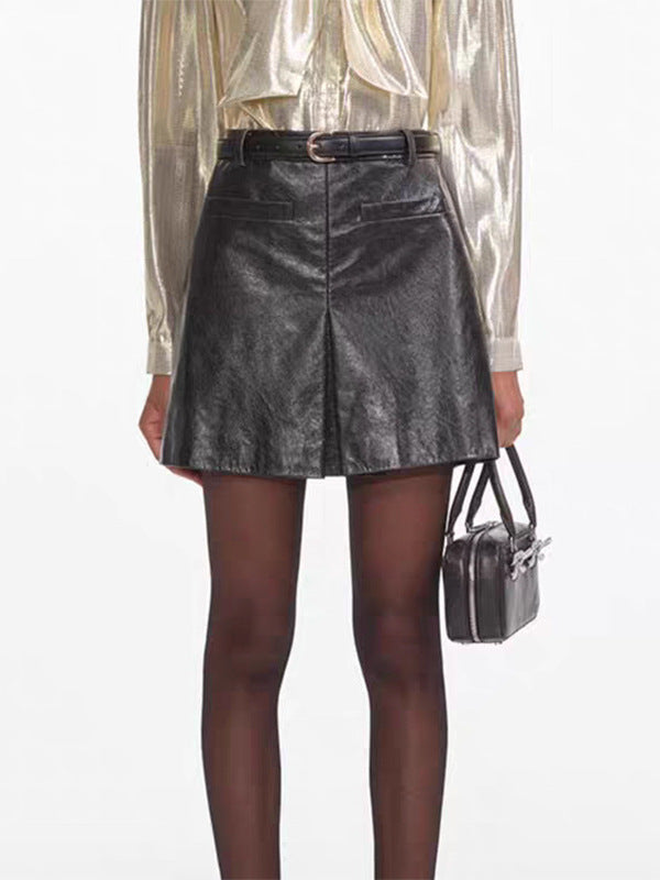 Women’s Black Leather Mini Skirt High Waist A-Line with Belt