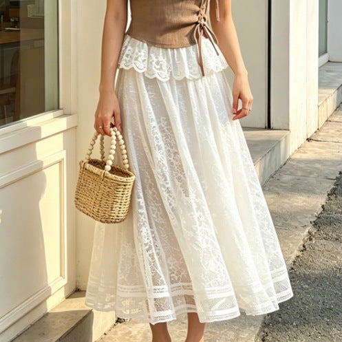 White lace maxi skirt with sheer mesh detail