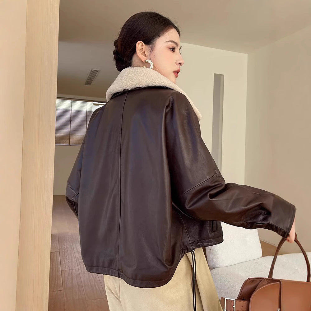 Women shearling collar leather flight jacket